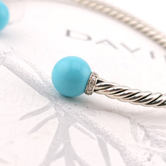 David Yurman Sterling Silver Diamonds & Turquoise Solari 3.5mm Bangle Bracelet - Picture 6 of 10